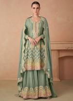 Chinnon Silk Pista Green Party Wear Embroidery Work Readymade Sharara Suit